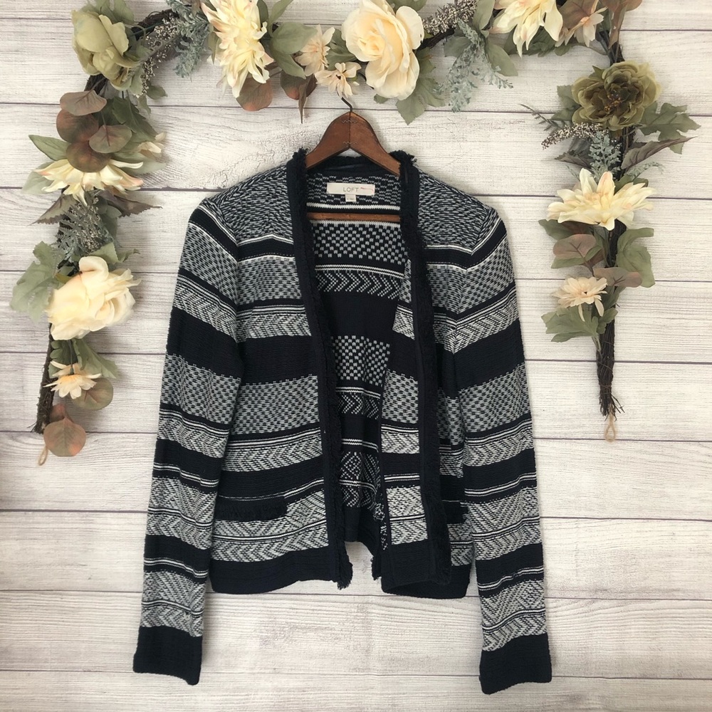 LOFT Navy White Stripe Frayed Cardigan sz M ✨